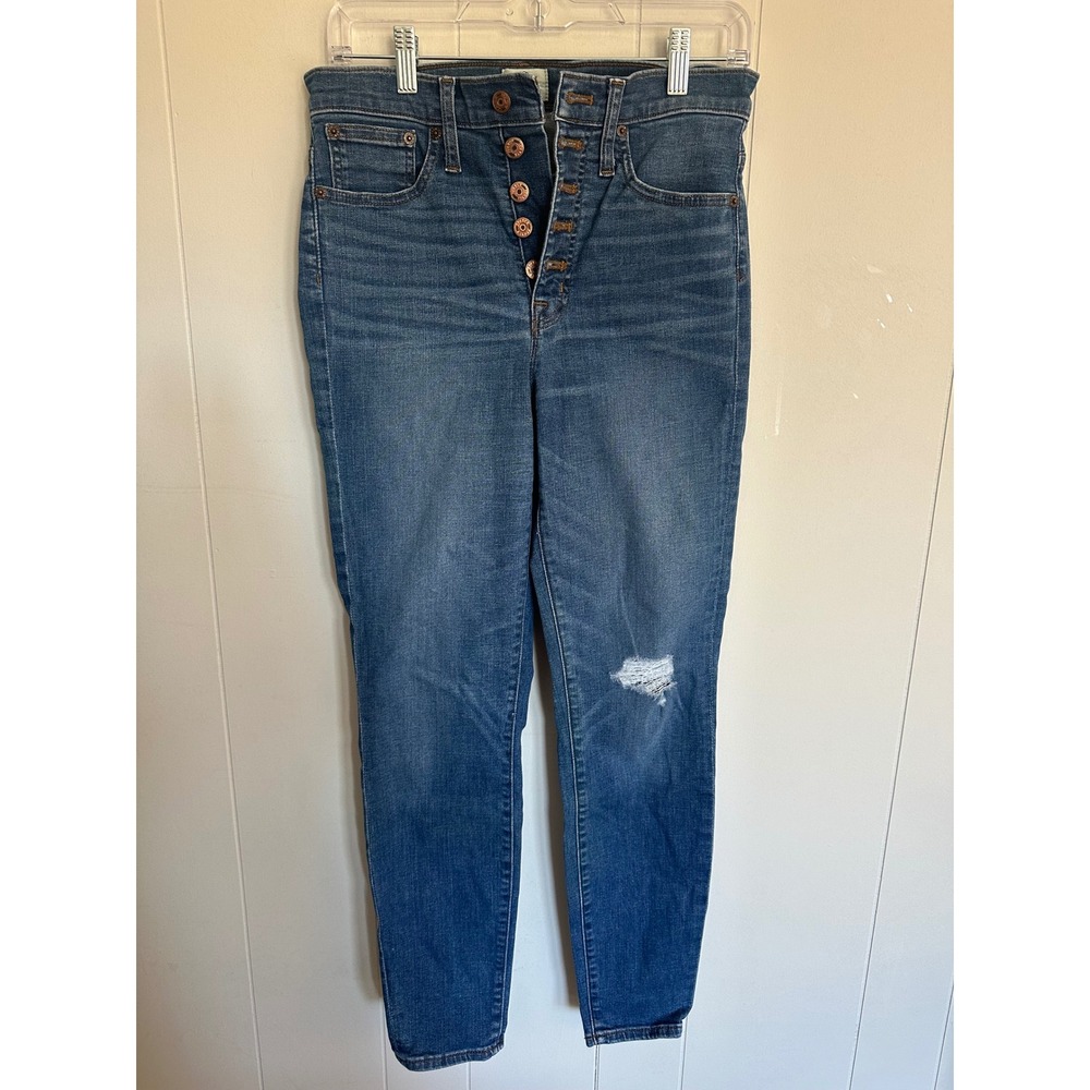 J Crew 10 inch High Rise Toothpick Jeans Sz 28 Button Fly Distressed Medium Wash